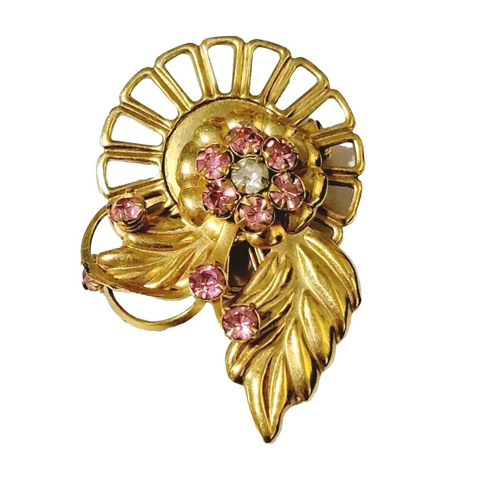 Vintage Pink‎ Rhinestone Brooch Pin, Flower Leaf 1 7/8" Gold-tone fb1-51
